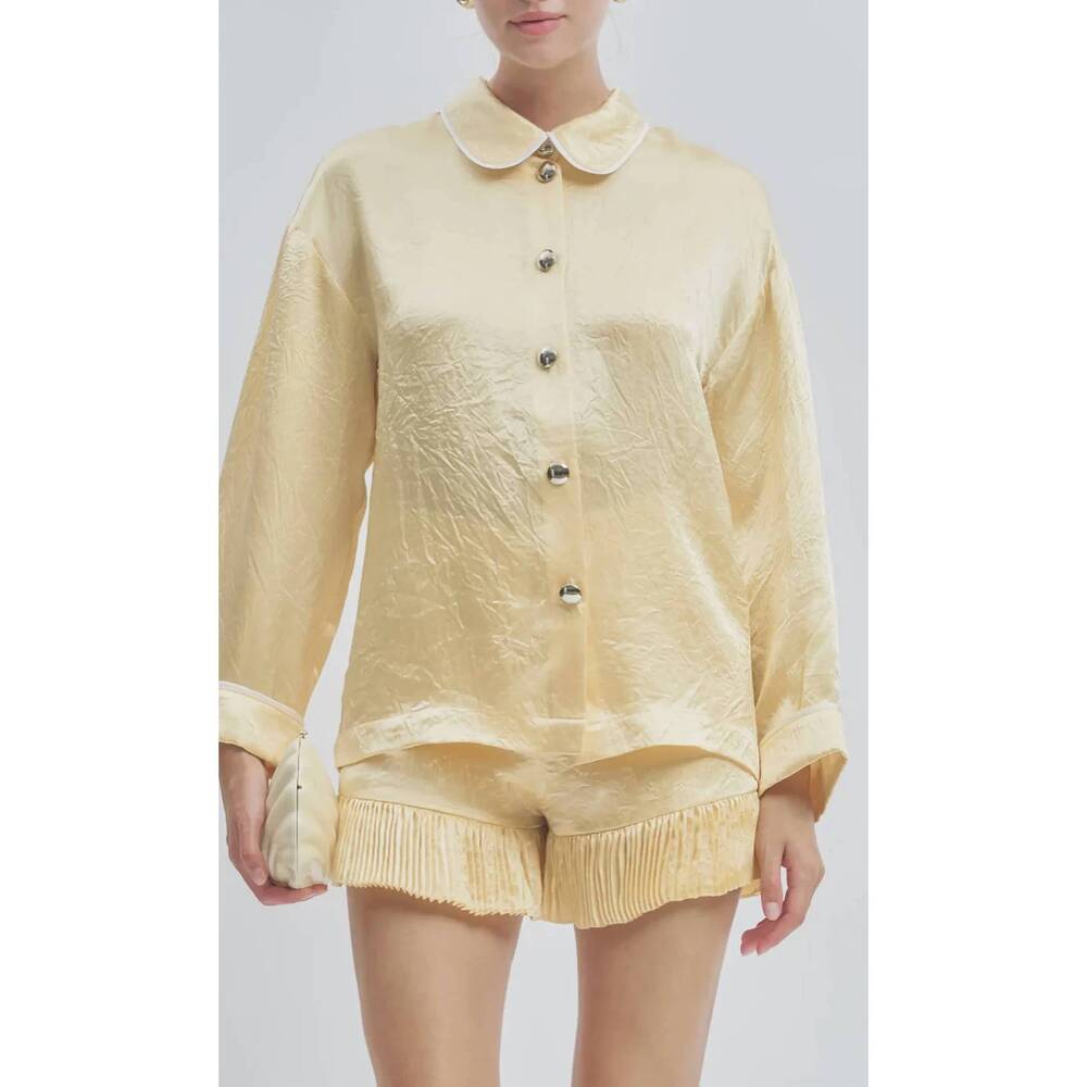 NEW MAUDE CLUB porter crinkle satin oversized shirt in butter yellow